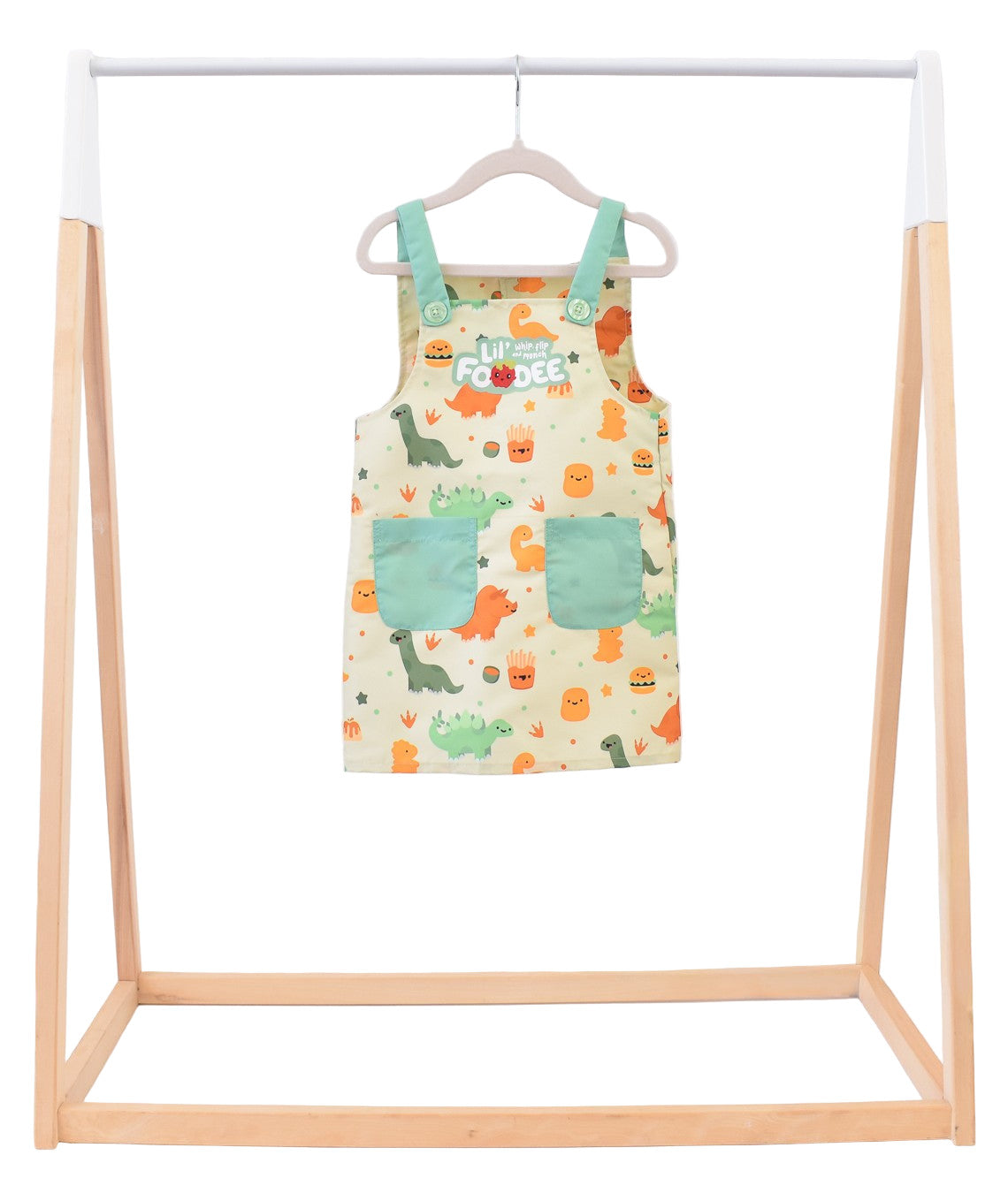 Lil' Foodee Dino Munch classic apron with teal dinosaur design and magnetic closures.