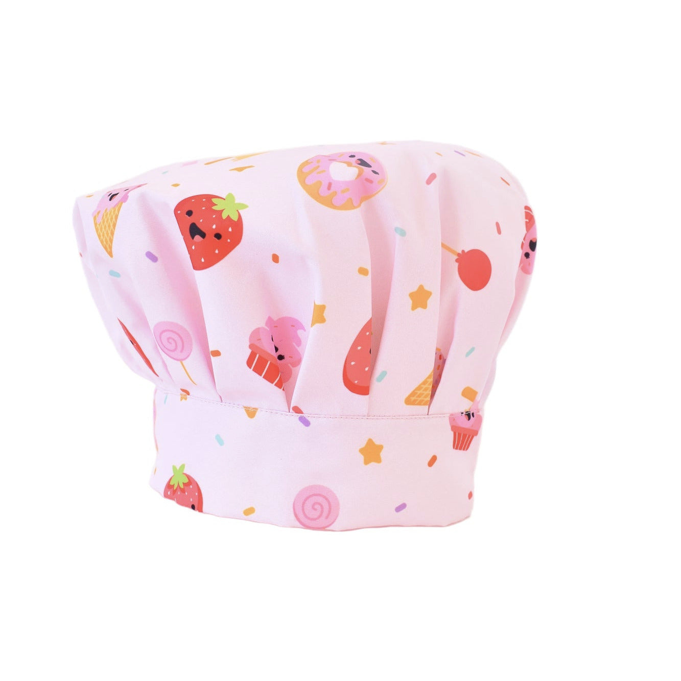 Lil' Foodee Strawberry Sprinkles chef hat in pink strawberry print for little foodies.