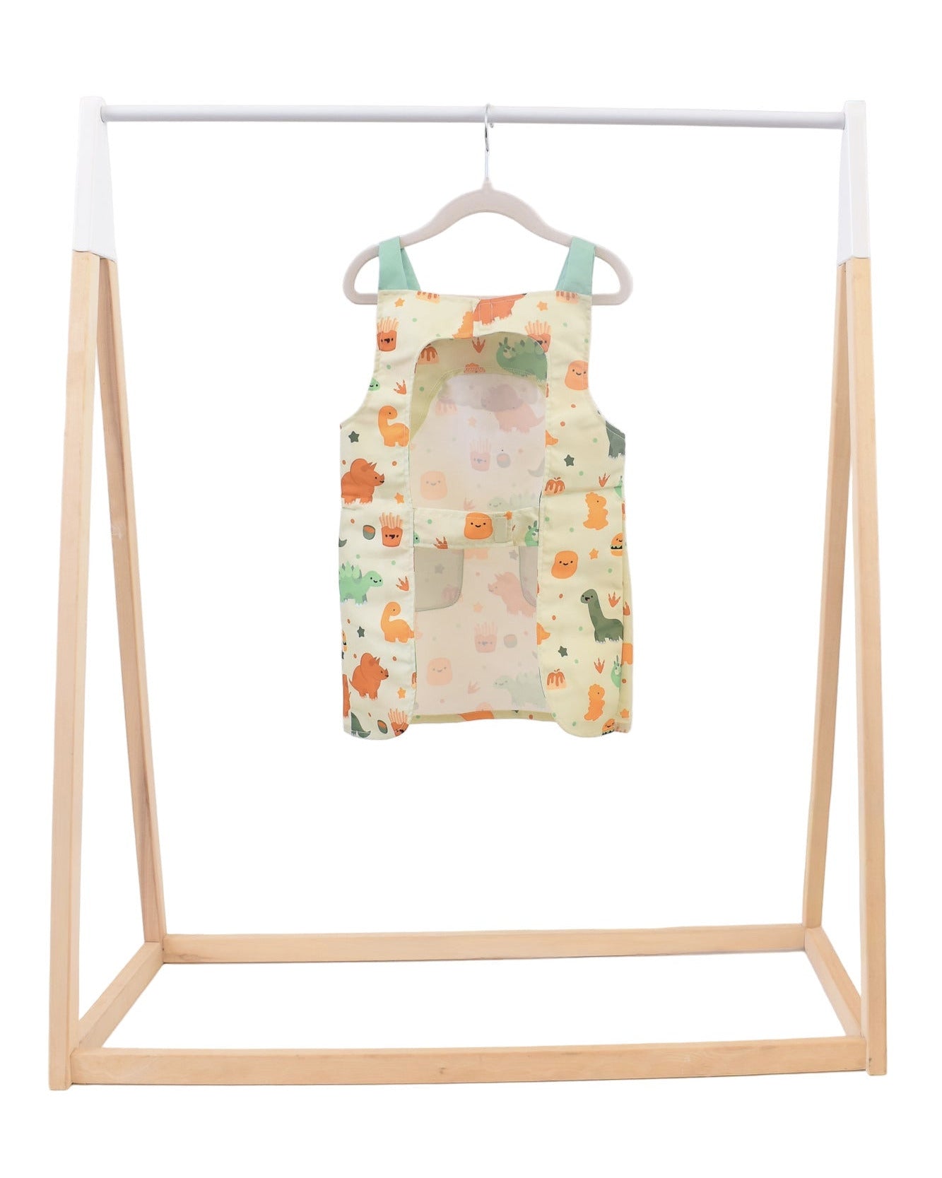 Lil' Foodee Dino Munch classic apron with teal dinosaur design and magnetic closures.