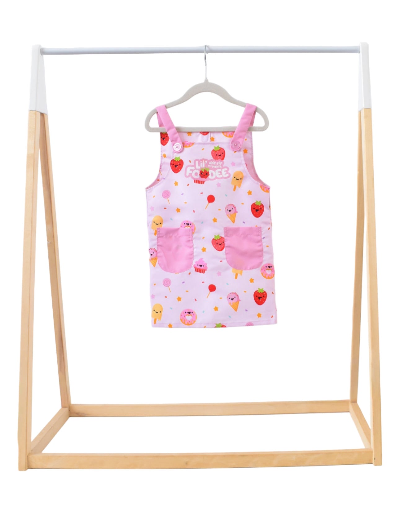 Lil' Foodee Strawberry Sprinkles classic apron in pink strawberry pattern with magnetic side closures.