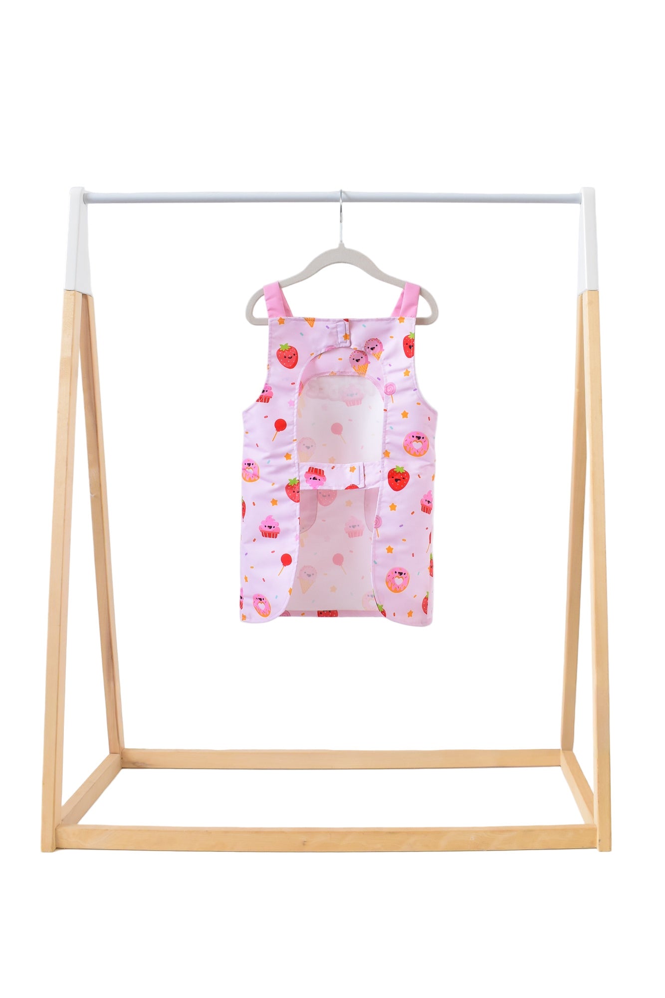 Lil' Foodee Strawberry Sprinkles classic apron in pink strawberry pattern with magnetic side closures.