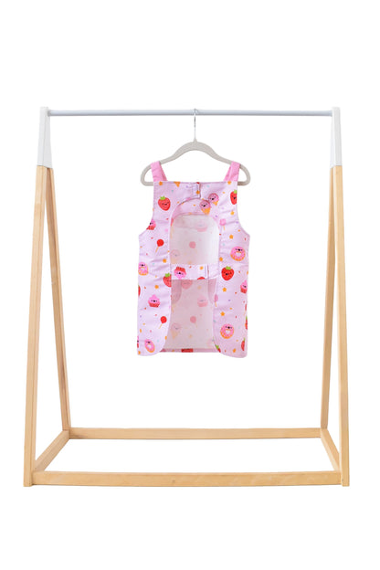 Lil' Foodee Strawberry Sprinkles classic apron in pink strawberry pattern with magnetic side closures.