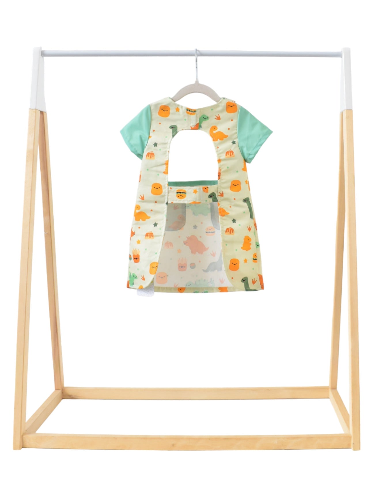 Lil Foodee Dino Munch everyday apron featuring teal dinosaur print, simple fit and wipe-clean fabric.