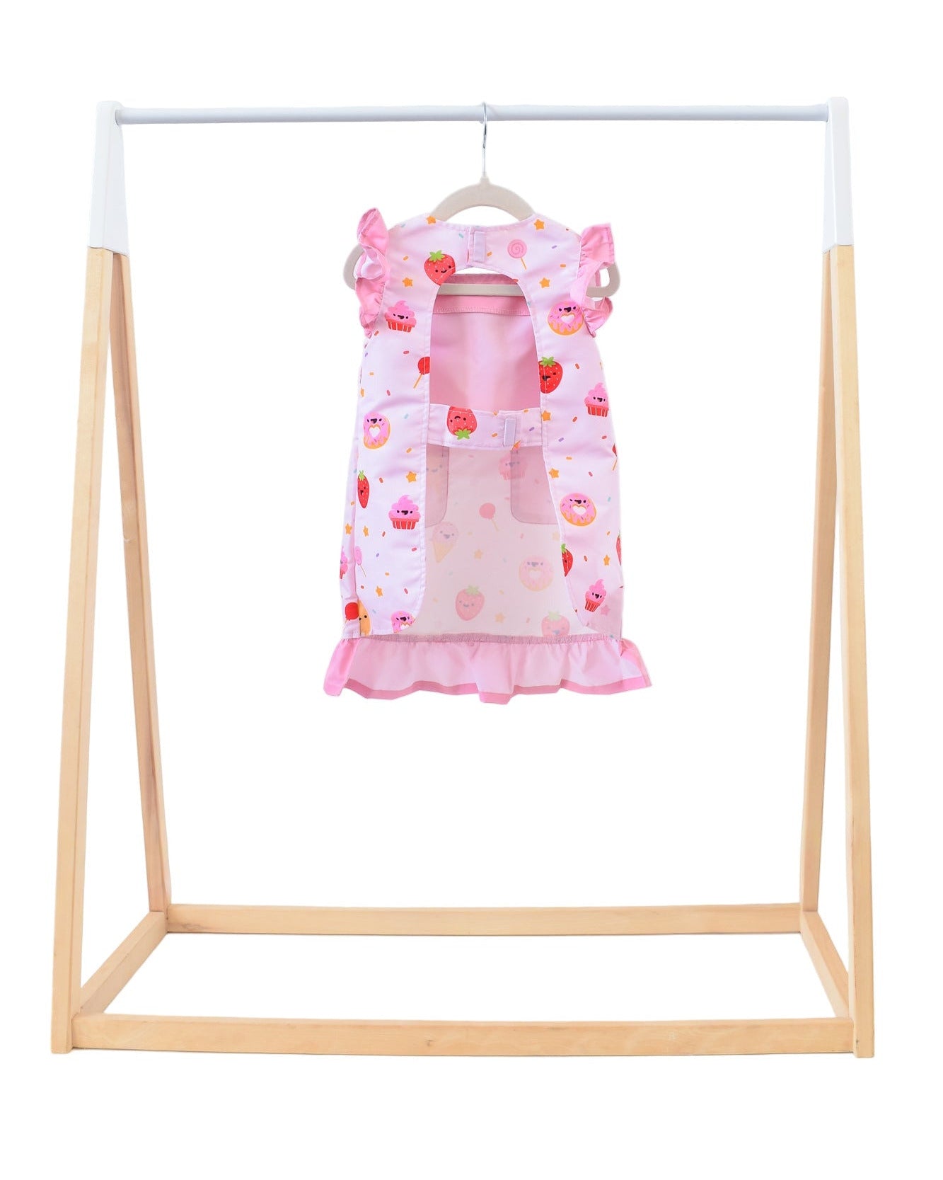 Lil' Foodee Strawberry Sprinkles frill apron featuring pink strawberry pattern and sweet ruffle trim.
