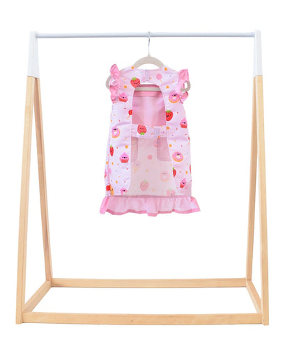 Lil' Foodee Strawberry Sprinkles frill apron featuring pink strawberry pattern and sweet ruffle trim.