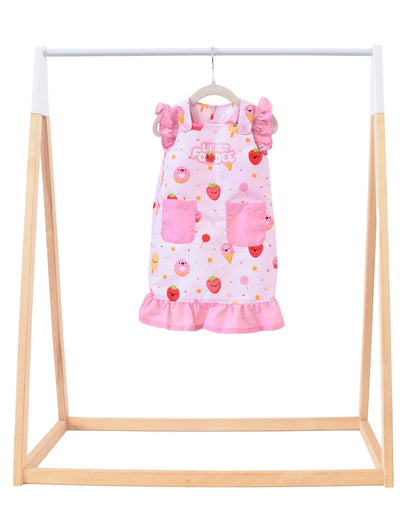 Lil' Foodee Strawberry Sprinkles frill apron featuring pink strawberry pattern and sweet ruffle trim.