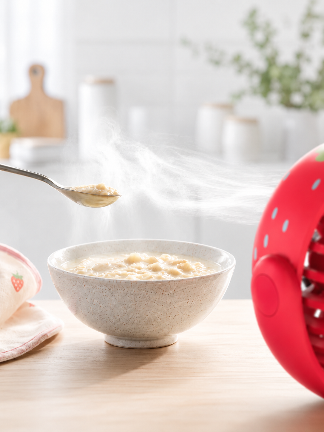 A spoonful of hot food being cooled above a bowl by the red Foodee Fan